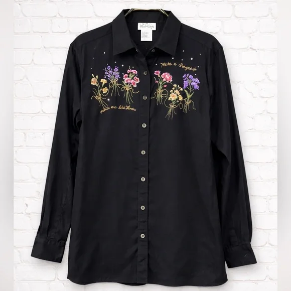 Quacker Factory Black Embroidered Floral Button Down Shirt Size L QVC - Picture 8 of 8